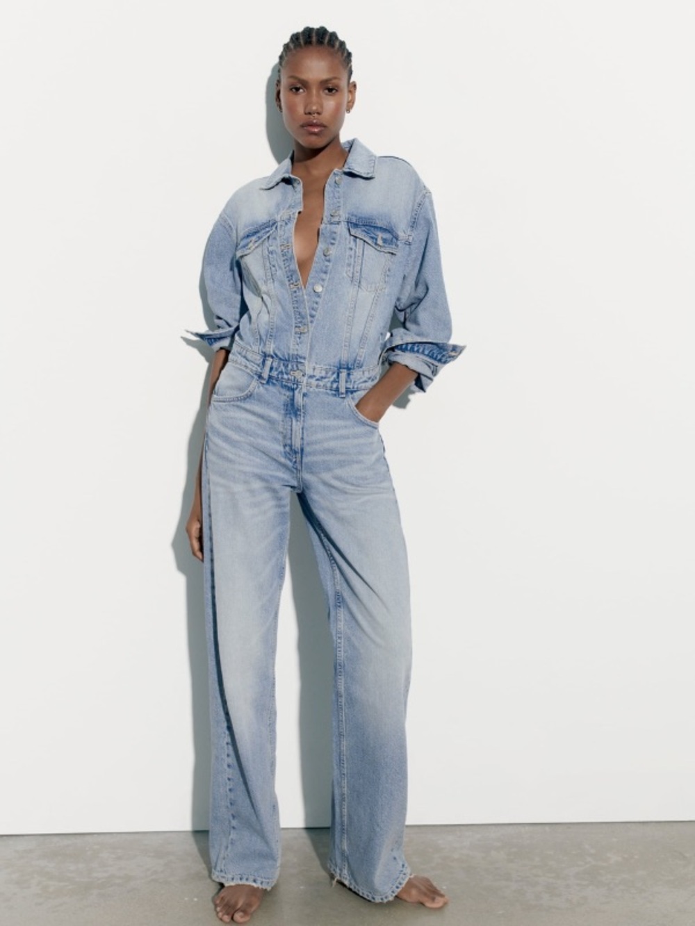 Zara Oversized Wide-Leg Denim Jumpsuit in Blue Size S